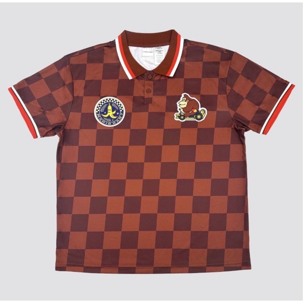 Nintendo Mario Kart Donkey Kong Polo Shirt Mens Medium Brown Checkered New Tag